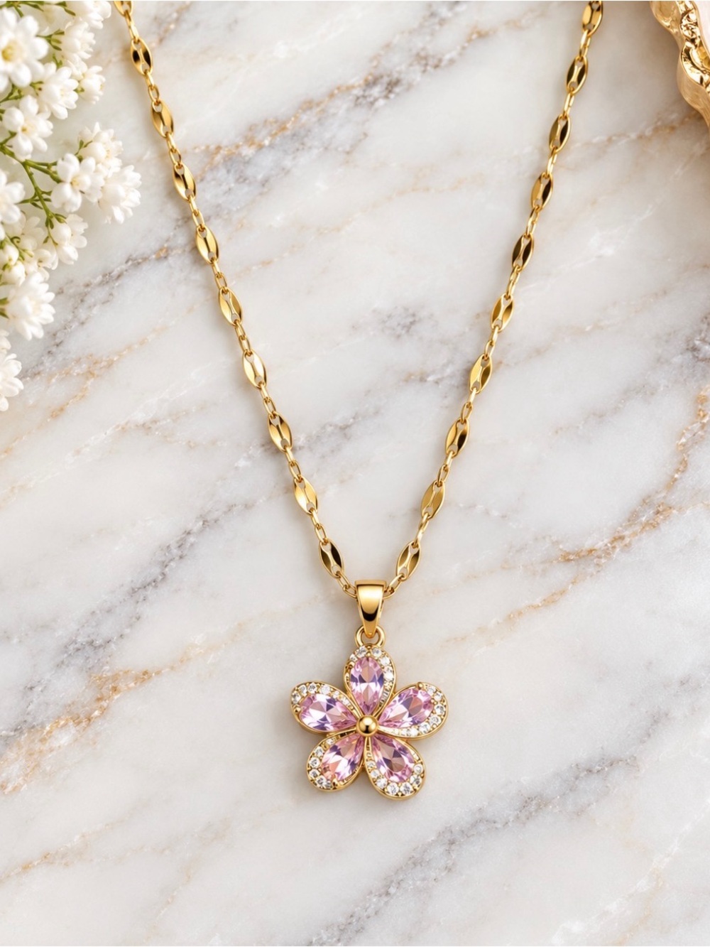 Pink Iridescent Rhinestone Flower Pendant Necklace-Gold Hardware